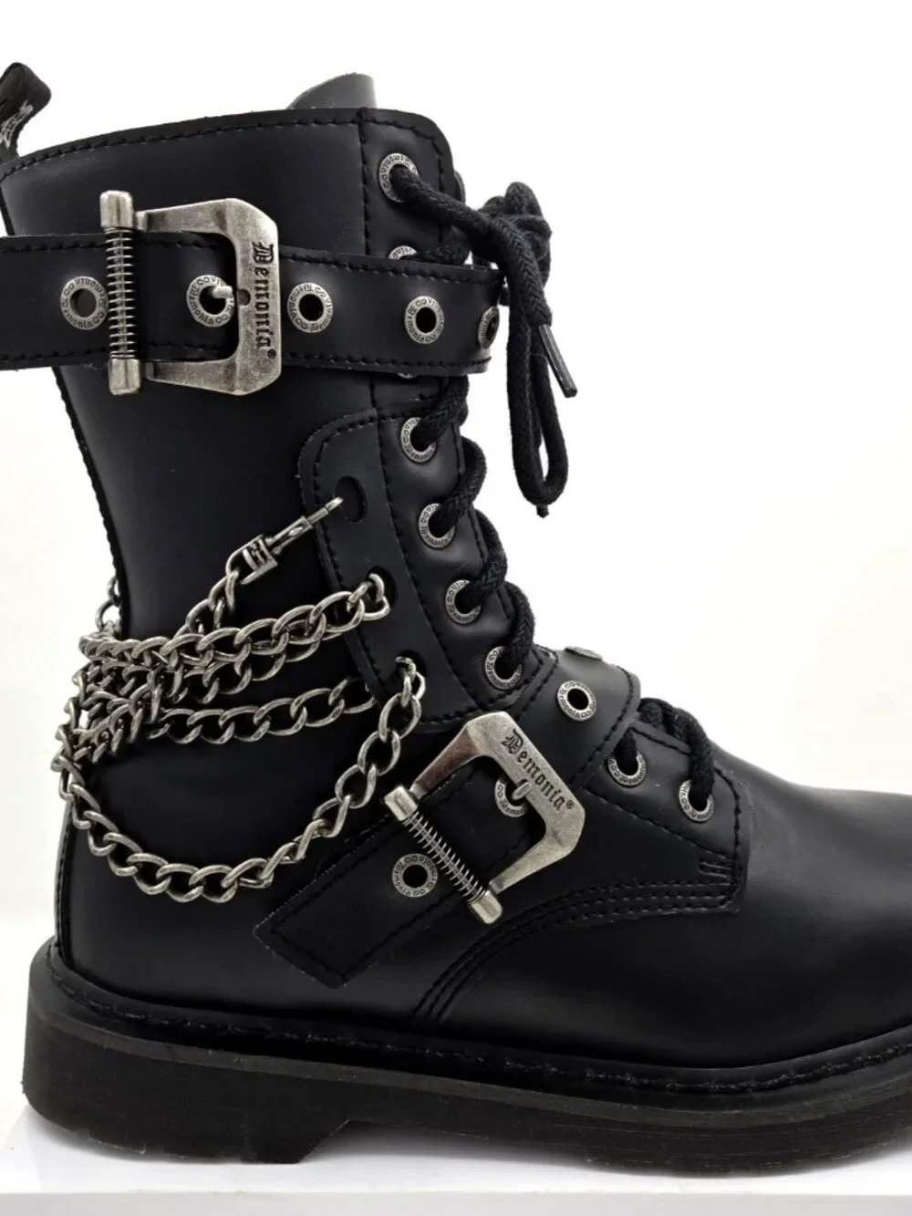 DEMONIA Bolt 250 Mens Sz 10 Black Goth Combat Biker Side Zip Buckle Chains Boots
